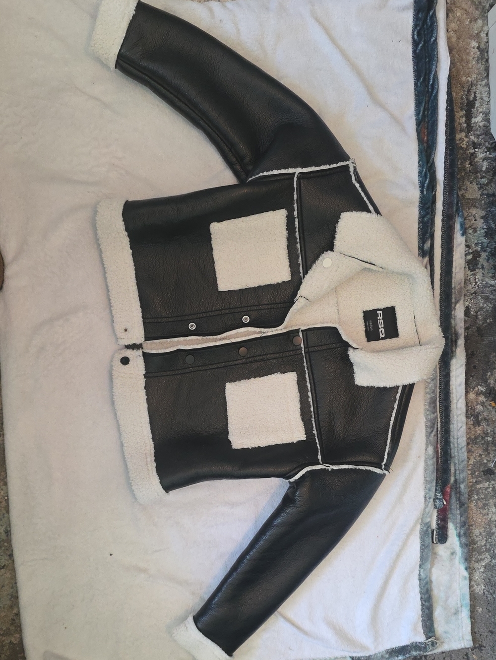 RSQ Black Faux Leather Jacket with Cream Shearling Accents